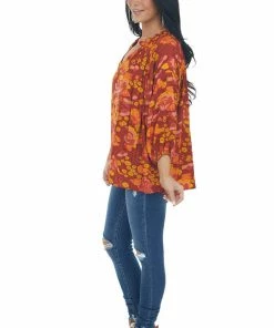 Entro Tops Cinnamon Floral Print Peasant Style Blouse