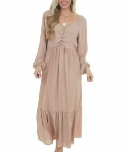 Haptics Light Rose Taupe Ruched Long Sleeve Maxi Dress Dresses