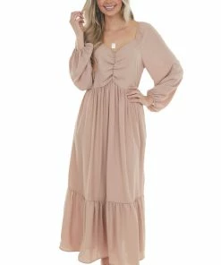 Haptics Light Rose Taupe Ruched Long Sleeve Maxi Dress Dresses