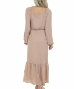 Haptics Light Rose Taupe Ruched Long Sleeve Maxi Dress Dresses