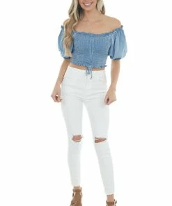 She + Sky Light Wash Chambray Smocked Crop Top With Ruching Detail