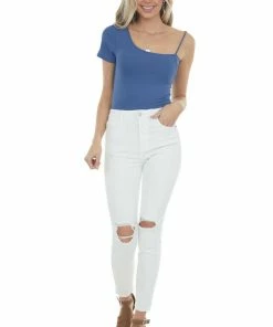 Peach Love Tops Sapphire Blue Asymmetrical Sleeved Ribbed Knit Bodysuit