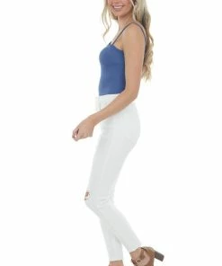 Peach Love Tops Sapphire Blue Asymmetrical Sleeved Ribbed Knit Bodysuit