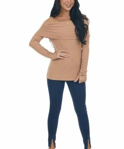 Doe & Rae Tops Dark Apricot Ribbed Knit Folded Off The Shoulder Top