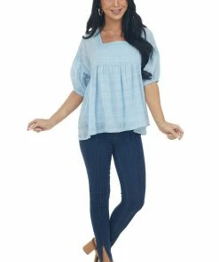 &merci Tops Powder Blue Babydoll Puff Sleeve Blouse With Square Neck