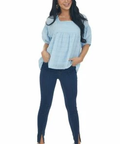 &merci Tops Powder Blue Babydoll Puff Sleeve Blouse With Square Neck