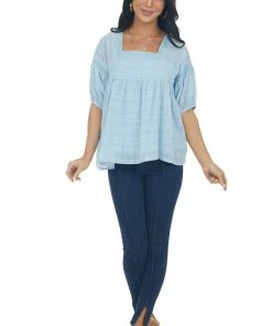 &merci Tops Powder Blue Babydoll Puff Sleeve Blouse With Square Neck