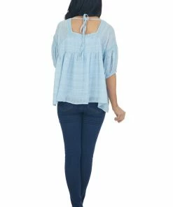&merci Tops Powder Blue Babydoll Puff Sleeve Blouse With Square Neck