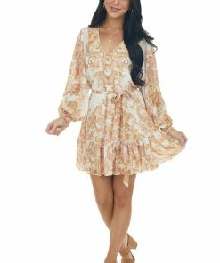 Flying Tomato Dresses Ivory Floral Print Long Sleeve Blouson Dress