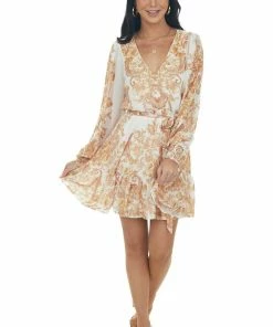 Flying Tomato Dresses Ivory Floral Print Long Sleeve Blouson Dress