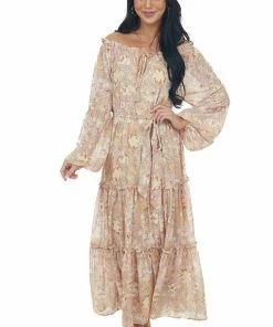 Flying Tomato Nude Floral Print Gold Speck Tiered Maxi Dress