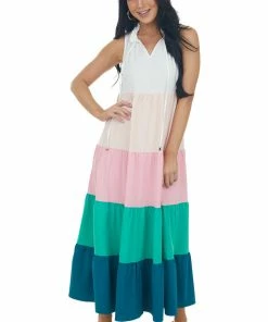 Entro Dresses Ivory Colorblock Sleeveless Woven Maxi Dress