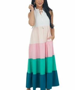 Entro Dresses Ivory Colorblock Sleeveless Woven Maxi Dress