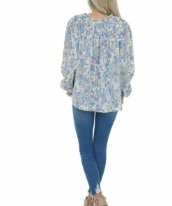 Entro Powder Blue Floral Print Bubble Sleeve Blouse