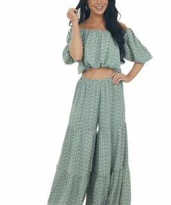 Entro Bottoms Jade Ditsy Floral Tiered Woven Wide Leg Pants
