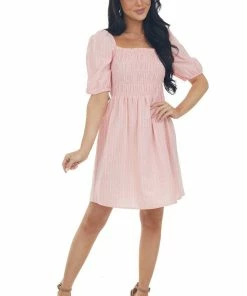 Umgee Dresses Light Coral Smocked Puff Sleeve Short Dress