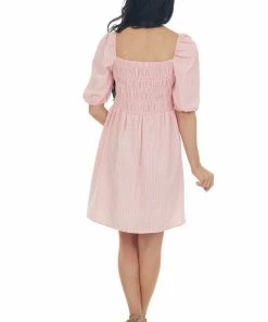 Umgee Dresses Light Coral Smocked Puff Sleeve Short Dress