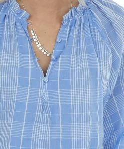 Entro Tops Cornflower Plaid Long Sleeve Peasant Blouse