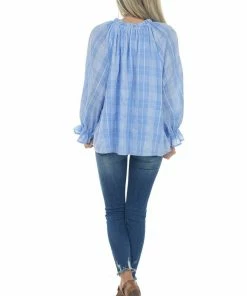 Entro Tops Cornflower Plaid Long Sleeve Peasant Blouse