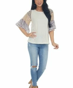 Umgee Tops Buttercream Multiprint Colorblock Sleeve Top
