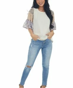 Umgee Tops Buttercream Multiprint Colorblock Sleeve Top
