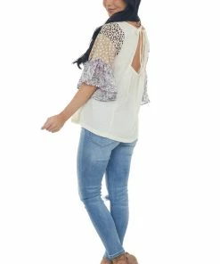 Umgee Tops Buttercream Multiprint Colorblock Sleeve Top