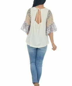 Umgee Tops Buttercream Multiprint Colorblock Sleeve Top
