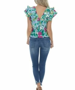 Entro Tops Seafoam Floral Print Frilly Plunge Neck Top 21 Entro Tops Seafoam Floral Print Frilly Plunge Neck Top