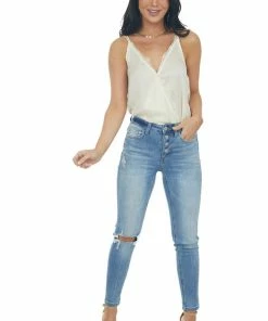 Wishlist Tops Ivory Surplice Woven Camisole Top With Lace Trim