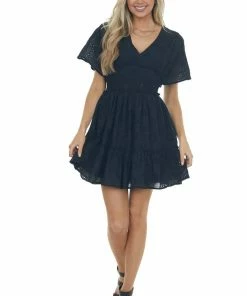 Entro Dresses Black Eyelet Lace Smocked Waist Mini Dress 18 Entro Dresses Black Eyelet Lace Smocked Waist Mini Dress