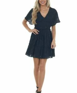 Entro Dresses Black Eyelet Lace Smocked Waist Mini Dress