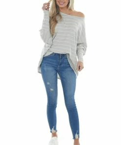Andree Dove Grey Striped Two Toned Ribbed Knit Top Tops