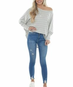 Andree Dove Grey Striped Two Toned Ribbed Knit Top Tops