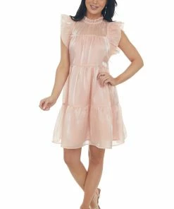 Entro Dresses Peach Glossy Short Dress With Flutter Sleeves