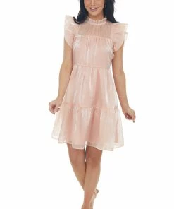 Entro Dresses Peach Glossy Short Dress With Flutter Sleeves