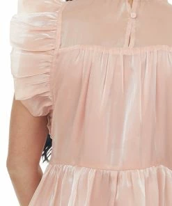 Entro Dresses Peach Glossy Short Dress With Flutter Sleeves
