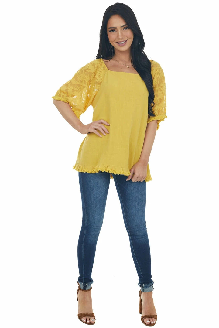 Umgee Mustard Floral Textured Mesh Sleeve Blouse Tops 4 Umgee Mustard Floral Textured Mesh Sleeve Blouse Tops