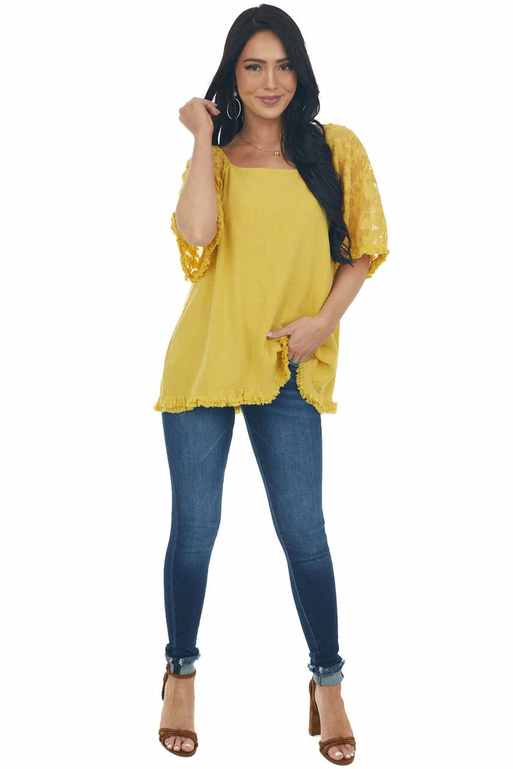 Umgee Mustard Floral Textured Mesh Sleeve Blouse Tops 6 Umgee Mustard Floral Textured Mesh Sleeve Blouse Tops