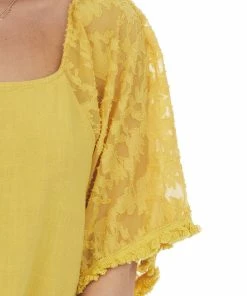 Umgee Mustard Floral Textured Mesh Sleeve Blouse Tops 25 Umgee Mustard Floral Textured Mesh Sleeve Blouse Tops