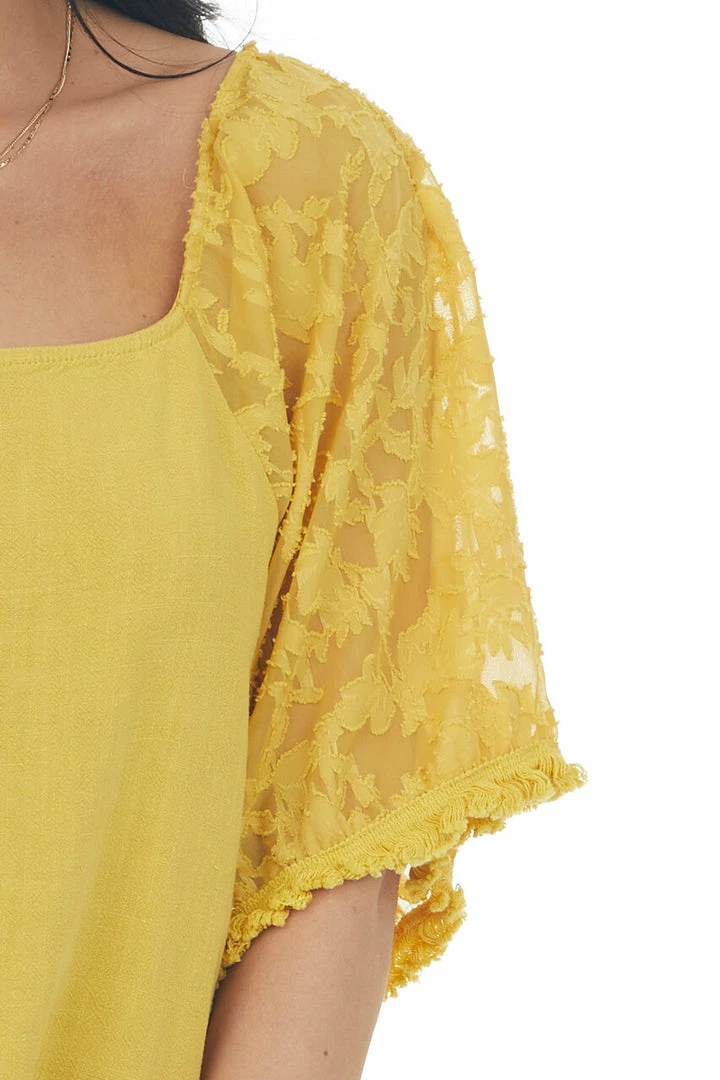 Umgee Mustard Floral Textured Mesh Sleeve Blouse Tops 10 Umgee Mustard Floral Textured Mesh Sleeve Blouse Tops