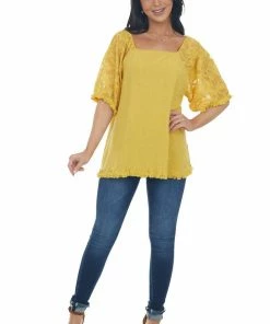 Umgee Mustard Floral Textured Mesh Sleeve Blouse Tops 22 Umgee Mustard Floral Textured Mesh Sleeve Blouse Tops