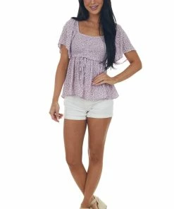 143 Story Tops Lilac Floral Print Ruched Front Babydoll Top