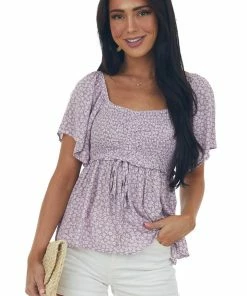 143 Story Tops Lilac Floral Print Ruched Front Babydoll Top