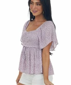 143 Story Tops Lilac Floral Print Ruched Front Babydoll Top