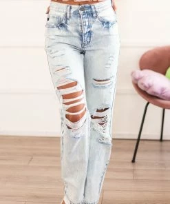 KanCan Acid Wash High Rise Boyfriend Jeans With Heavy Distressing Bottoms