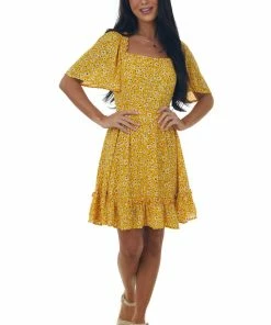Petal Dew Amber Floral Open Back Bell Sleeve Short Dress