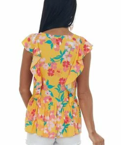 Andree Tops Amber Floral Print Ruffle Sleeve Peplum Blouse