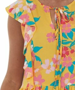 Andree Tops Amber Floral Print Ruffle Sleeve Peplum Blouse