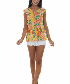 Andree Tops Amber Floral Print Ruffle Sleeve Peplum Blouse