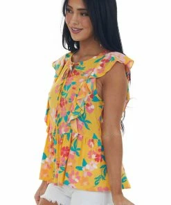 Andree Tops Amber Floral Print Ruffle Sleeve Peplum Blouse